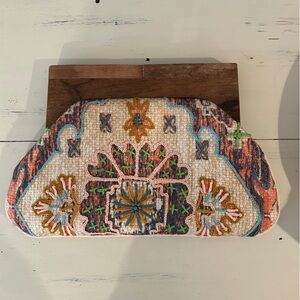 Embroidered Clutch with Wooden Accent
